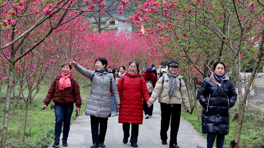 广西三月三喜庆的日子人们穿着民族盛装来到南湖公园与桃花拍照