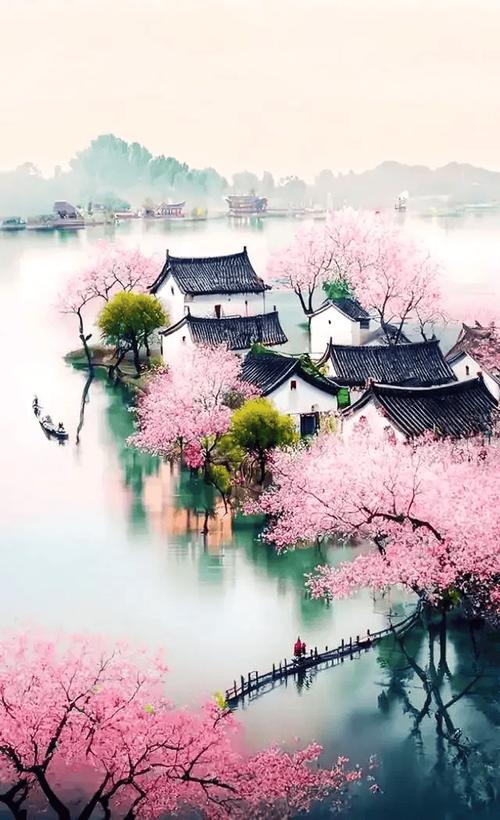 江南春景醉心田，碧波荡漾画中游