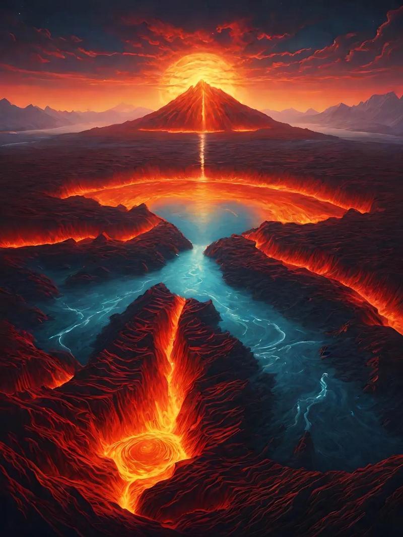 火山喷发的壮丽景象，熔岩流淌如火海